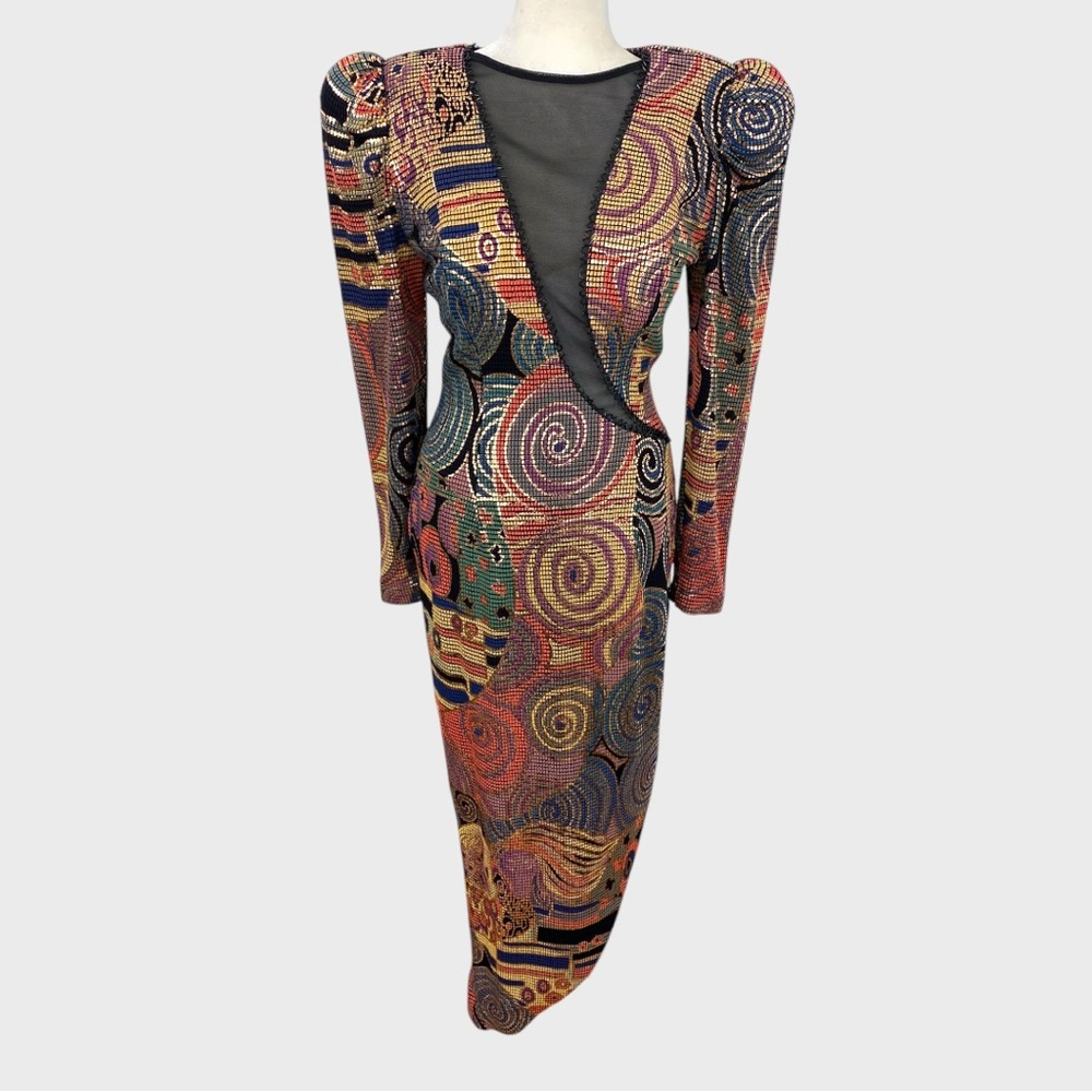 Vintage Multicolor Metallic Painted Bombshell Mesh Front Midi Dress Size Small - Picture 1 of 16